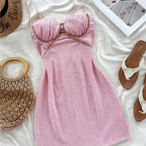 Elegant Pink gold beaded mini dress